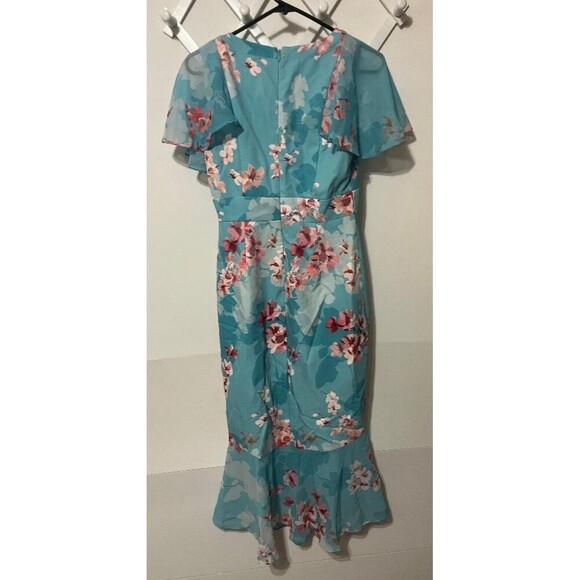 Adrianna Papell Floral Flutter Sleeve Wrap Dress Size 2 Aqua Pink Ruffle Hem - Picture 5 of 10
